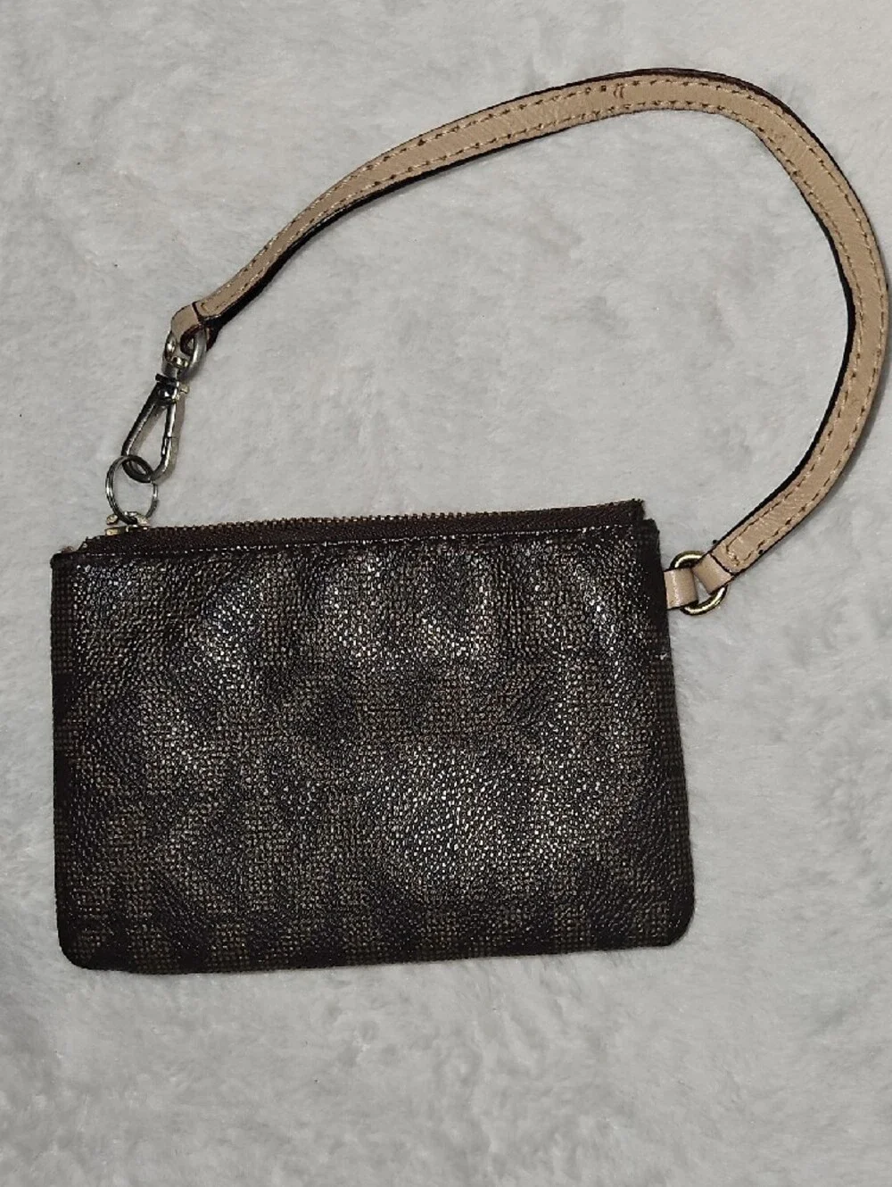 Michael Kors Dark Brown Signature Wristlet with Beige Strap
